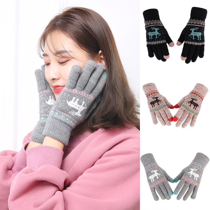 

Christmas Knitted Deer Gloves Thick Gloves Touch Screen Winter Warm Women Full Finger Mittens Christmas Gift For Winter, Blue;gray