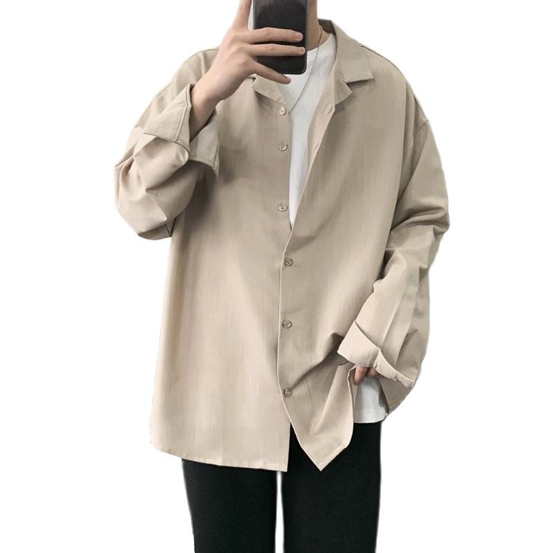 

New Solid Color Men's Long-sleeved Shirt Fashion Casual Loose Cotton Jacket Trendy Lapel Single-breasted Jacket, Black