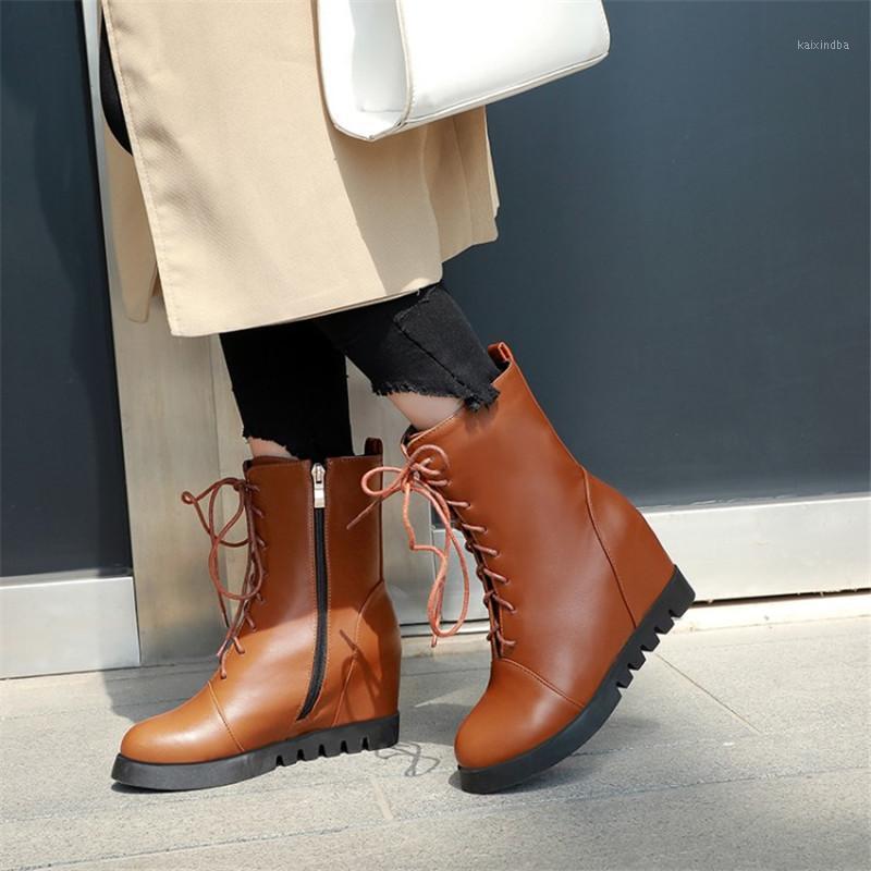 

PXELENA Hot New 2020 Autumn Women Boots Hidden Wedge High Heels Lace Up Zip Comfort Ladies Punk Goth Combat Shoes 34-431, Red