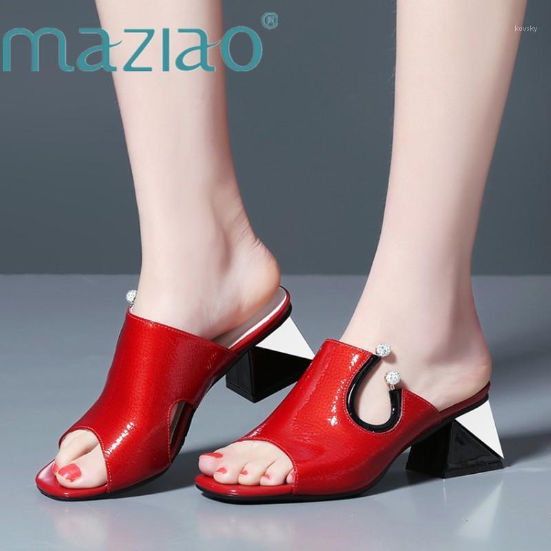 

MAZIAO Women Sandals Spring Shoes Natural Genuine Square Heel Slippers Real Leather Crystal Party Shoes Ladies Red Size 34-391