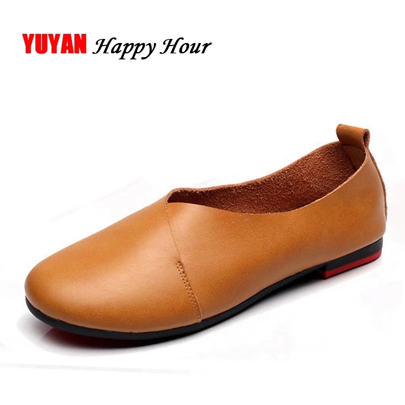 

New 2019 Genuine Leather Shoes Women Flats Round toe Flat Heel Casual Shoes Women's Flats Ladies Brand Plus Size ZH2680 #0J6s, Black