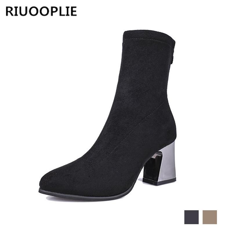 

RIUOOPLIE autumn winter ladies women's boots new fashion pointed thick with high heel suede black wild casual Pump boots