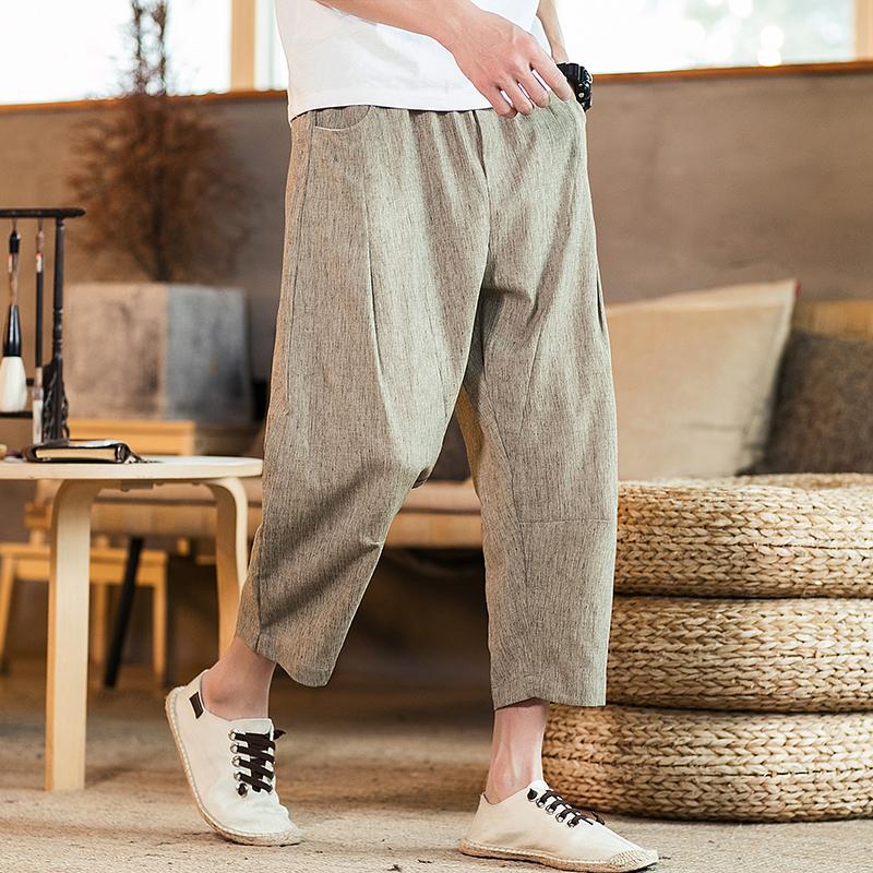 

2020 New Fashion Men Casual Harem Pants Summer Trousers Mens Cotton Linen Pants Male Chinese Style Solid Calf-length 5XL, Black