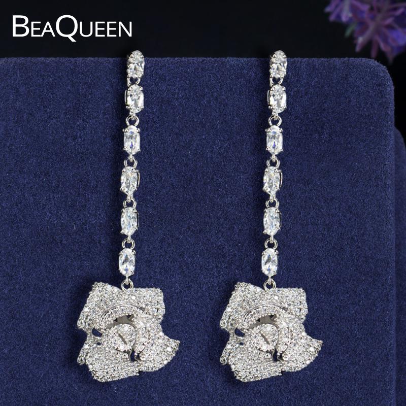 

BeaQueen Elegant Big Rose Flower Drop Full Cubic Zirconia Micro Paved Long Dangle Wedding Earrings for Bridal Dress Jewelry E080
