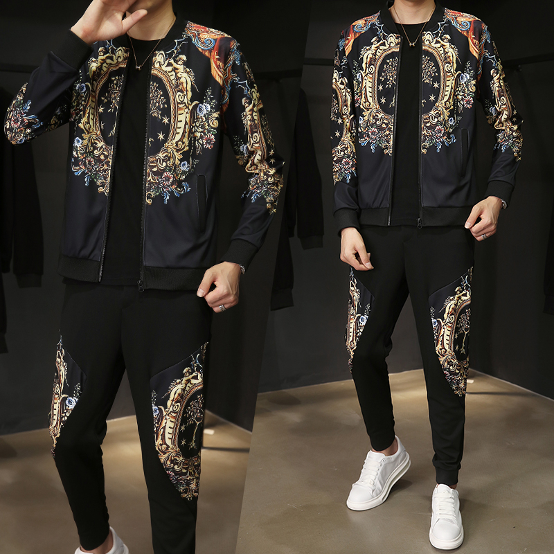 

Luxury Baroque Printed Jacket Men Two Piece Set Streetwear Hip Hop Dance Sport Tracksuit Men Youth Gold Black Trendy Tracksuit X0124, Tz211