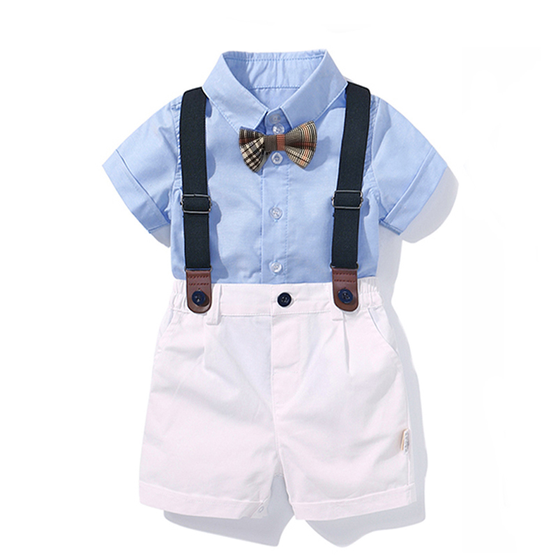 

Baby Boy Clothing Shirt Bow Set Birthday Formal Suit Summer Newborn Boys Clothes Set Blue Shirt Top+Suspender Pants Outfits LJ200831, Kb8015