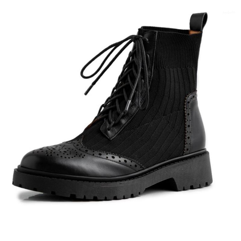 

Female Genuine Cow Leather Woman Shoes Ankle Black Boots Knitting stitching Heels Height Height Increasing Riding Normal Size1