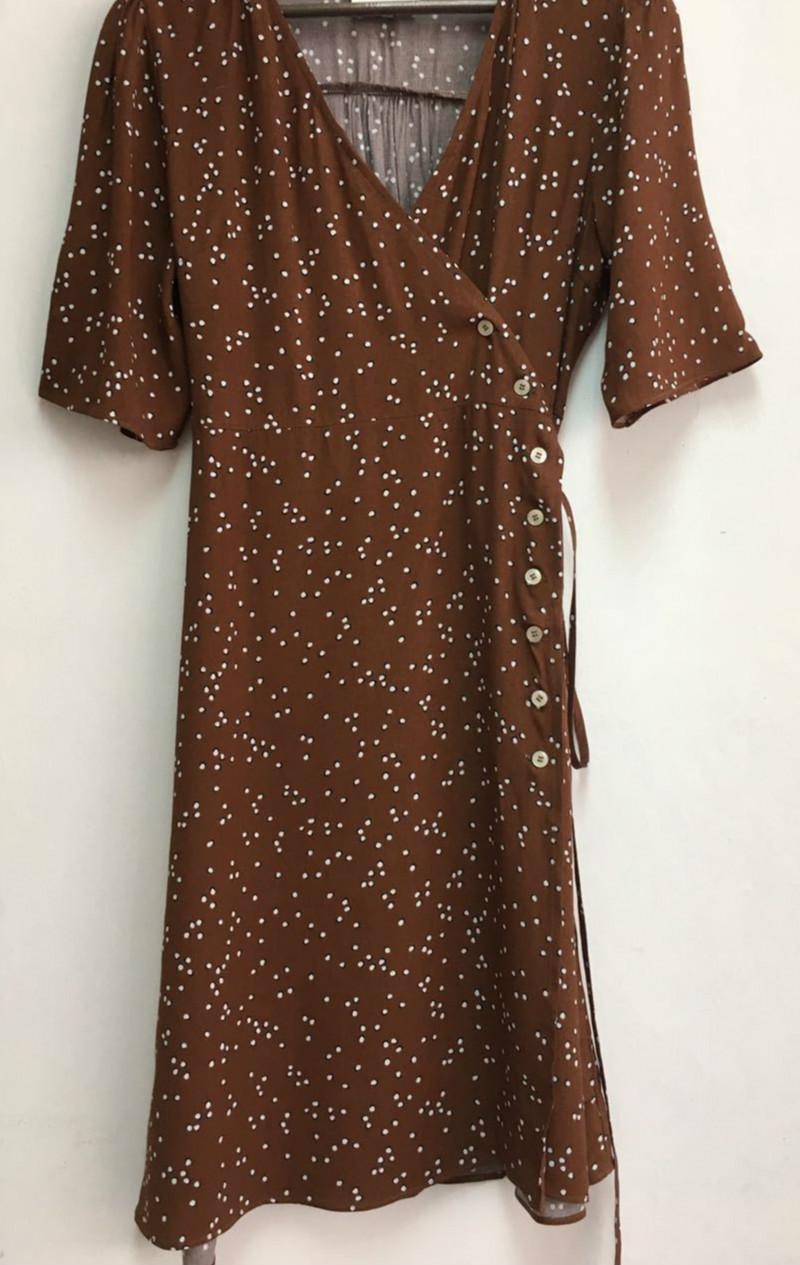 

Women Dress Retro Slim V-neck Polka Dot Print Dress, Brown