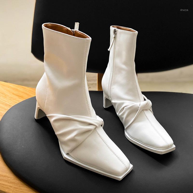 

DEAT 2020 New Autumn Winter Fashion Casual Square Toe Short Boots Thick Heel Bow High Heels Zipper Boots For Women SF8351, Black