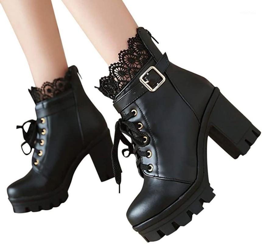 

2021 Women Boots Fashion Women's Thick High Heel Lace Up Ankle Boots Platform Lace Student Shoes Outdoor Comfortable Ladies Boot1, White