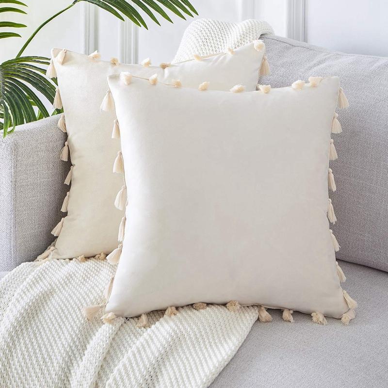 

Pack of 2 Velvet Soft Solid Christmas Decorative Throw Pillow Cover with Tassels Fringe Boho Accent Cushion Case for Couch Sofa Pillow Case, White