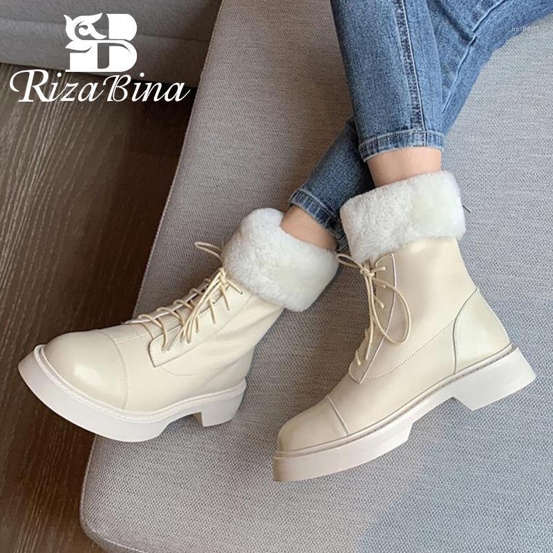 

RIZABINA Women Snow Boots Real Leather Plush Fur Winter Shoes Woman Warm Fashion Short Boots Ladies Footwear Size 34-391, Black