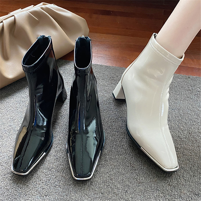 

2021 Ins Winter Luxury Women's Block Beige High Ankle Heels Lady Foot Toe Leather Designer Boots Z8ds, Black