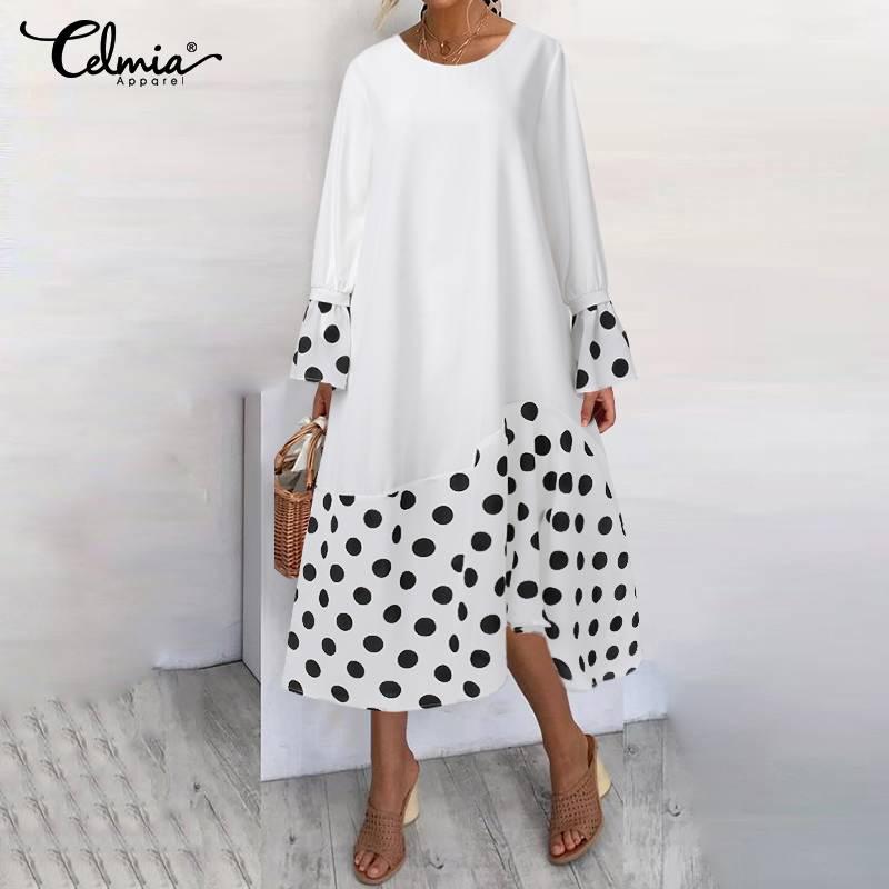

Women' Casual Mid-calf Dress Celmia 2020 Autumn Vintage Polka Dot Patchwork Shirt Sundress Flare Sleeve O-neck Asymmetric Robe, Black