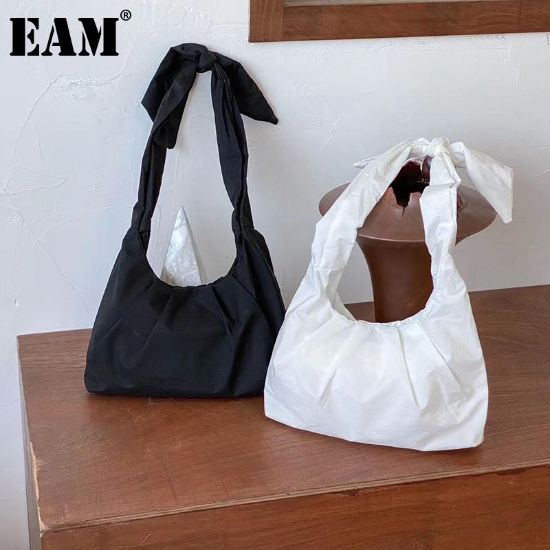 

[EAM] Women New Apricot Vintage Tie Strap Bag Nylon Cloth Personality All-match Crossbody Shoulder Bag Fashion Tide 2021 18A1409, Black
