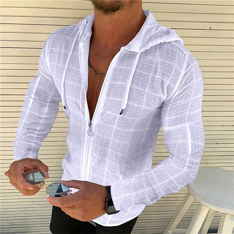 Men's T shirt Shirt non-printing Tartan Hooded Sports Leisure Sports Zipper Patchwork Long Sleeve Tops Cotton Hawaiian Sports Green White Black