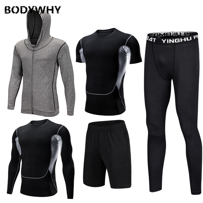 

Mens Sportswear 5 Pcs/Set Gym Fitness Clothes Men Running Jogging Male Tracksuit Compression Sports Wear for Workout Sport Suits 201123, Gray