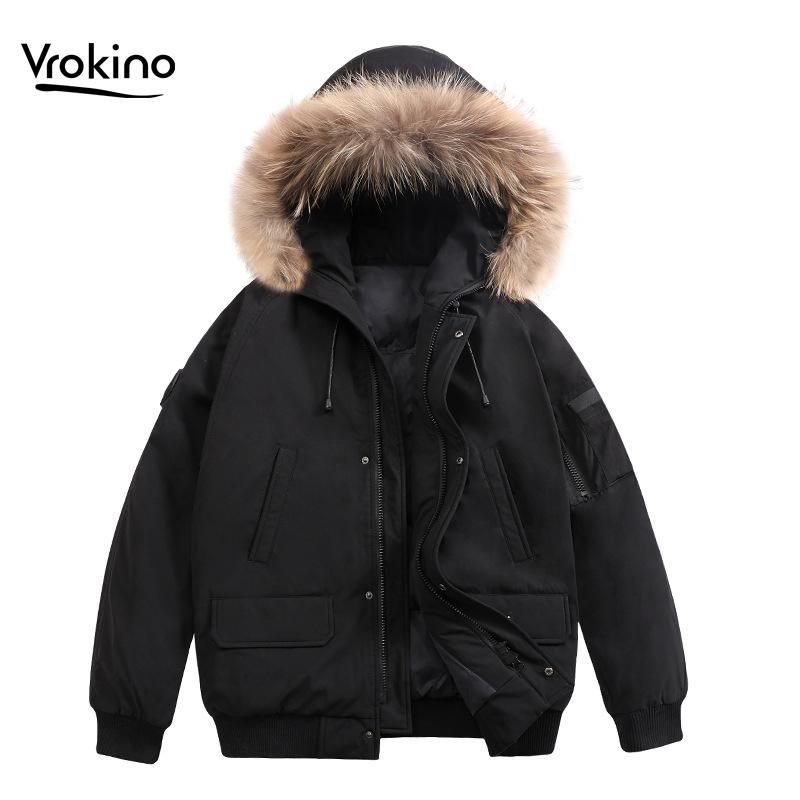 

2020 new Men's winter warm detachable fur collar jacket Fashion high quality male short white duck down Plus size down jacket, Black