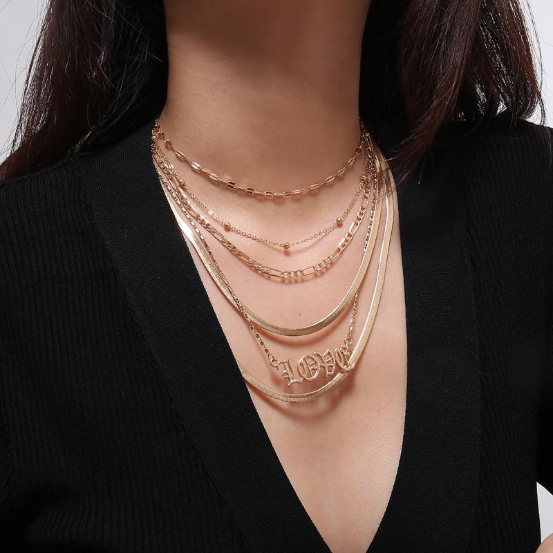 

Punk Fashion Multi layer metal chain Necklace For Women Letter LOVE Gold Silver Color Retro Snake chain Hip hop Hippie Jewelry