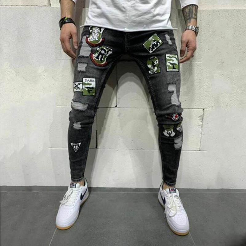 

2020 Spring And Autumn Trend New High Street Patch Embroidery Beggar Pants Slim Casual Stretch Men's Small Feet Jeans, 5061 blue