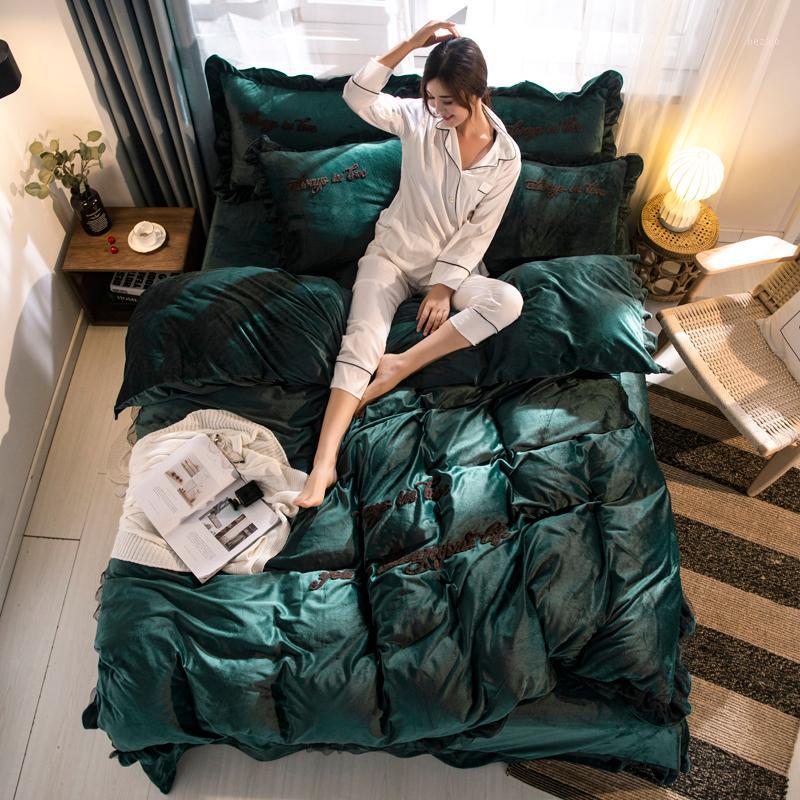 

Brief Style Crystal Velvet 4PCS Bedding Sets Bed Duvet Cover Bed Flat Fitted Sheet Pillowcase Solid Dark Green Yellow Grey1, 03