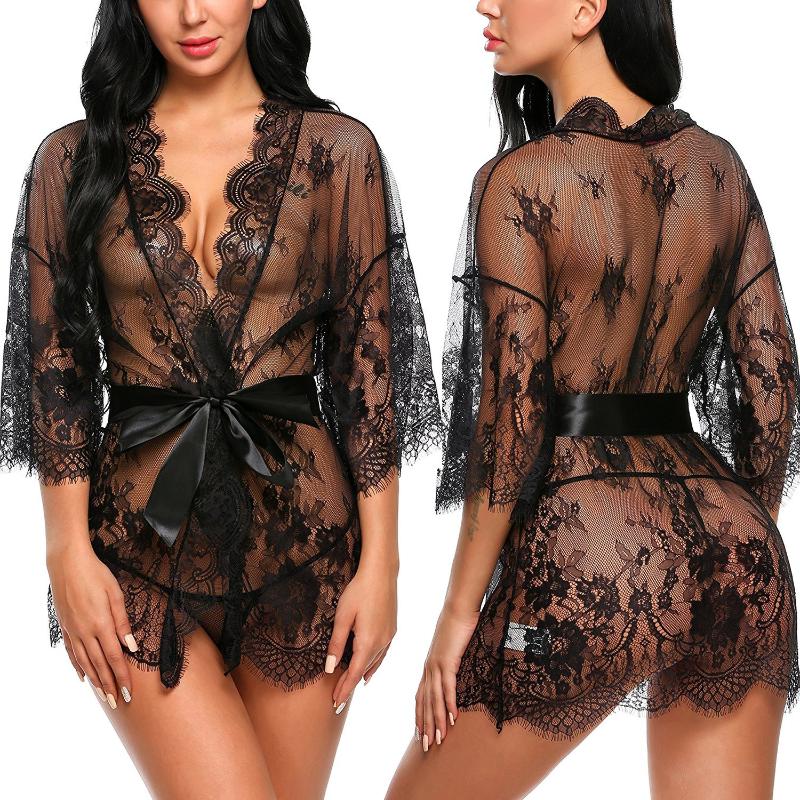 Sexy Women Lingerie Lace Night Dress Sleepwear Nightgown Bandage Deep V G-String See Through Sexy Sheer Sleep Dress Asian Size-image-594098244