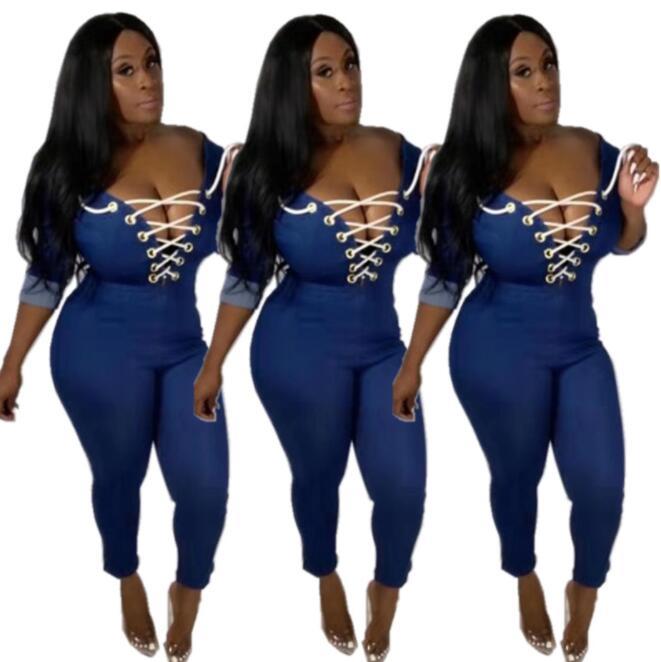 

Fall Autumn Winter Women Denim Lace Up Jumpsuits Zippers Full Sleeve Sexy Rompers Night Club Party Outfits Casual One Piece, Blue