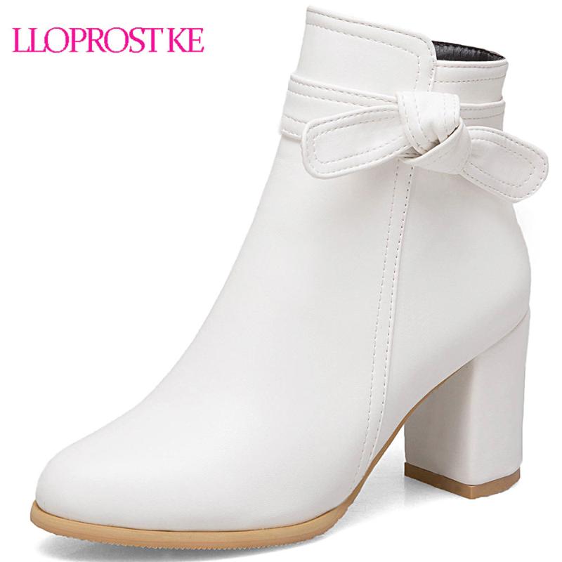 

Lloprost ke Sweet Lovely Beige White Black Princess Lolita Shoes Plus Size 33-52 Butterfly-knot Thick Heel Ankle Boots Winter