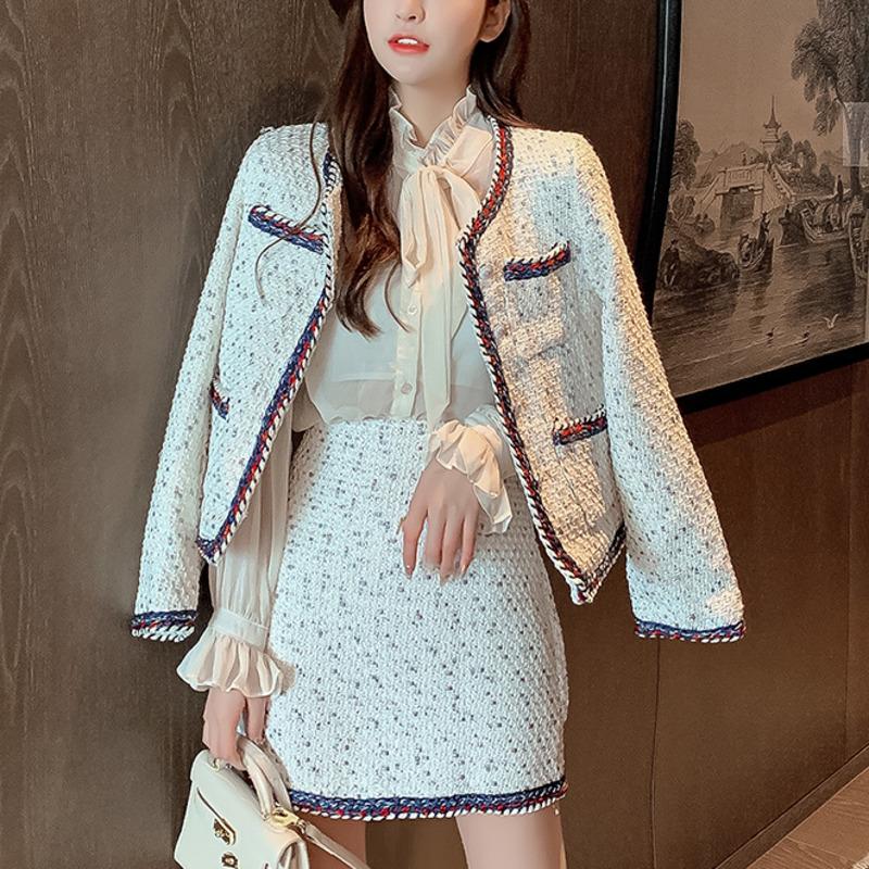 

High Quality Autumn Winter Woolen 2 Piece Set Women Fashion Elegant Slim Tweed Jacket Coat + Skirt Shirt Suits Ensemble Femme, White