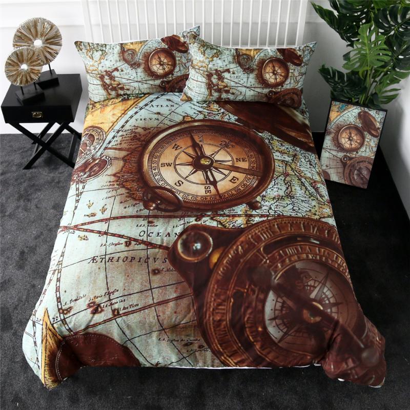 

Retro Compass Bedding Sets,Key Blueprint Navigation Map Duvet Cover with Pillowcases,Kids Adults Home Bedroom Decor Bed Set, As pic