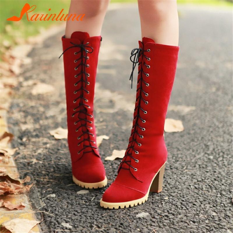 

2021 Dropship On Sale Fashion New shoes women Short Plush Autumn Winter Mid-calf Boots Round Toe Cross-tied Thick High Heels1, Black