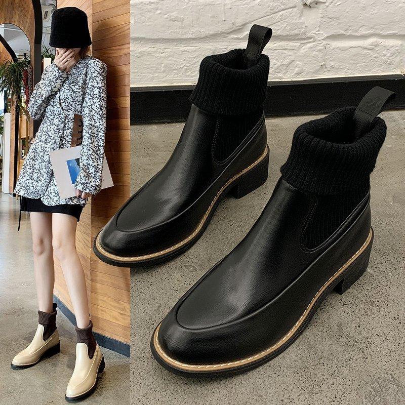 

Hot Real Soft Leather Nude Boots Women's British Style Autumn and Winter 2021 New Casual Women's Shoes Short Boots Women Fashion, Black