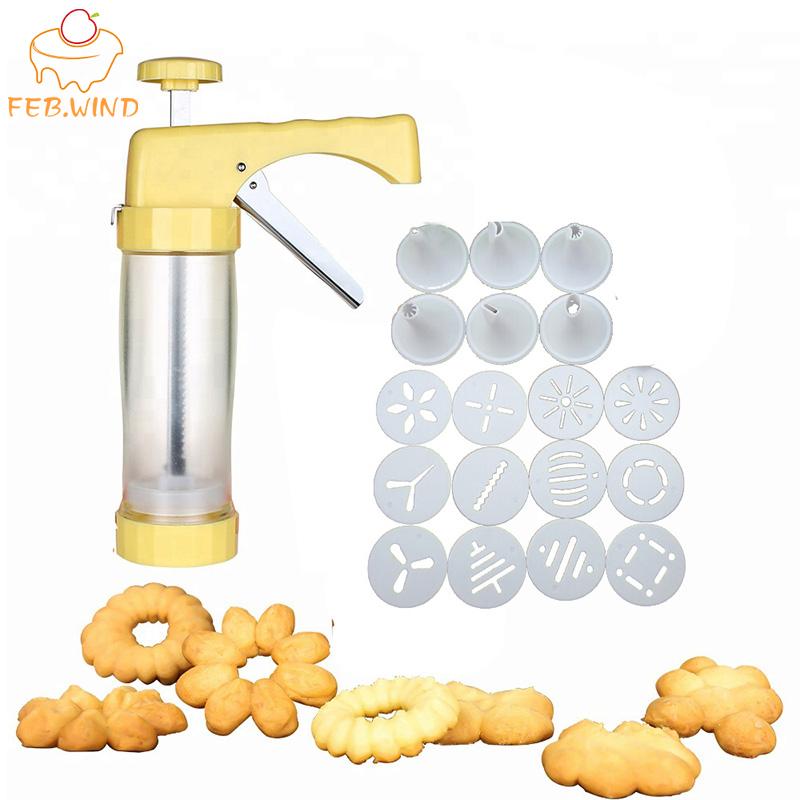 

Pastry Tools Cookie Press Decorating Tip Sets for Biscuit Cake Decoration Cookie Stamps Maker Cutter with 6 Nozzles 16 Molds 011