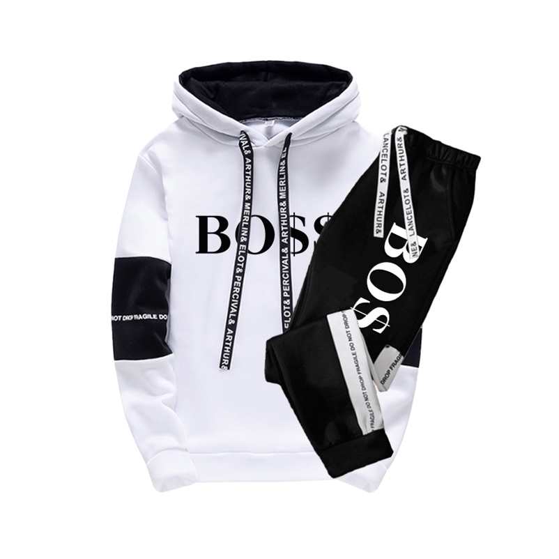

Men's Tracksuit Luxury 2 Piece Set Casual Hoodies Sweatshirt and Sweatpants Set Print Jogging Sports Tracksuit Suit S-3XL 220112, White