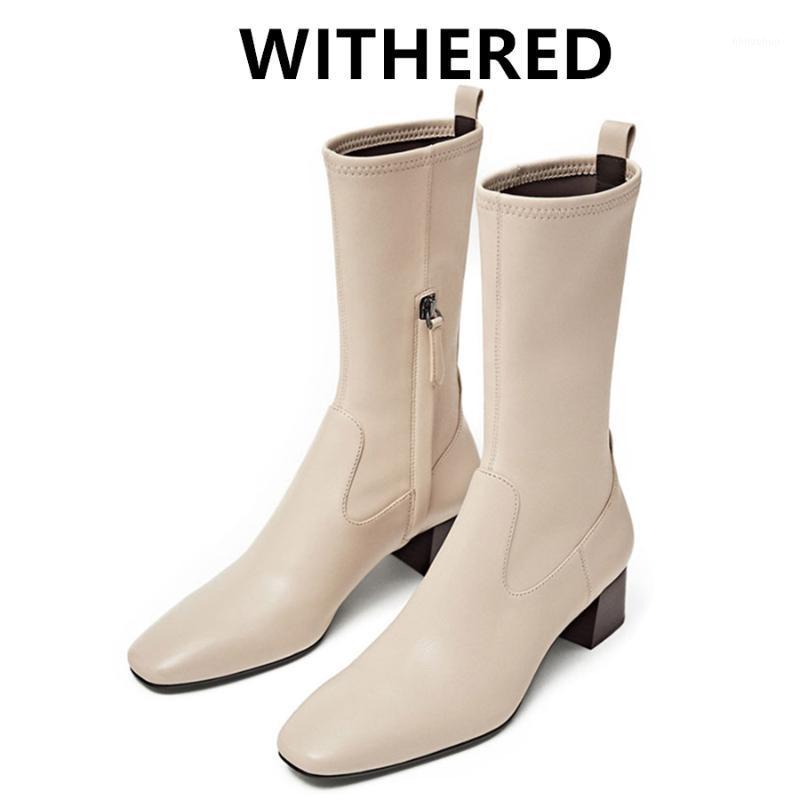 

Withered England Style Office Lady Fashion Elegant Cusp Real Leather Soft Sheep Winter High Boots Women Shoes Woman Botas Mujer1, Beige