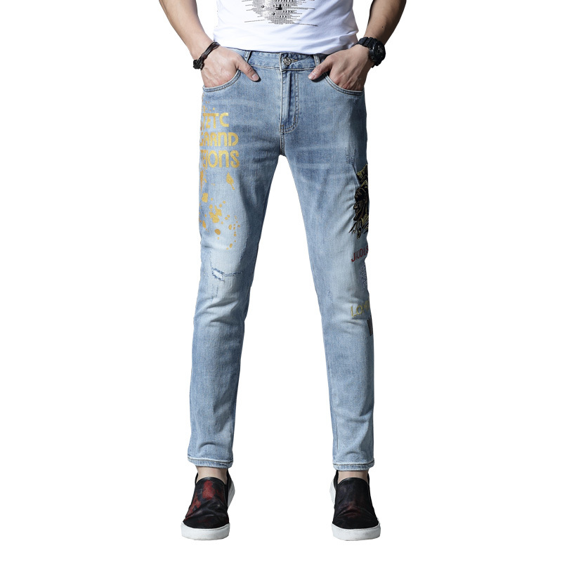 

2021 New Thin Denim Men Elastic Man Jeans Pants Embroidered Hip Cotton Embroidery Summer Blue Spring Q16F, Sky blue.