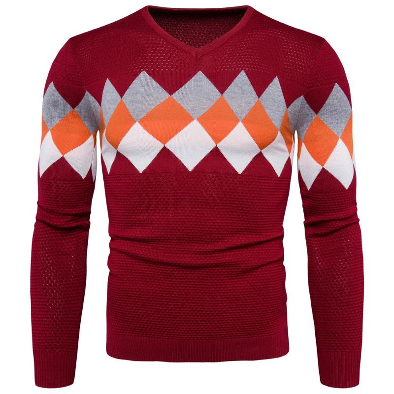 

Men Fashion Casual Colorful Rhombus Pattern Slim Sweaters V-neck Warm Knitting Pullover Sweater, Navy blue
