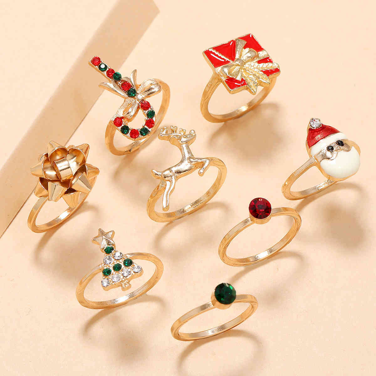 

Set of 8 Christmas Ring Christmas Tree Staff Santa Claus Bow Elk Ring