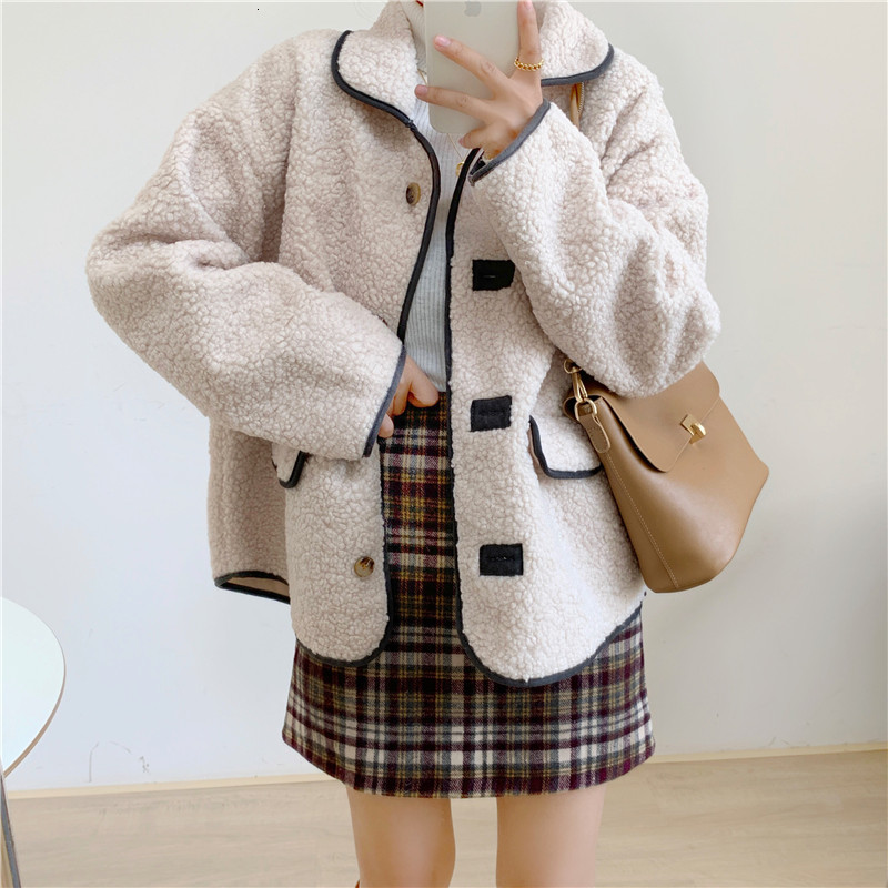 

2021 New Vintage Women's Oversized Solid Single Breasted Imitation Lamb Lady From the Korean Office Style Thicken Winter Jacket TLV1, Gray-blue