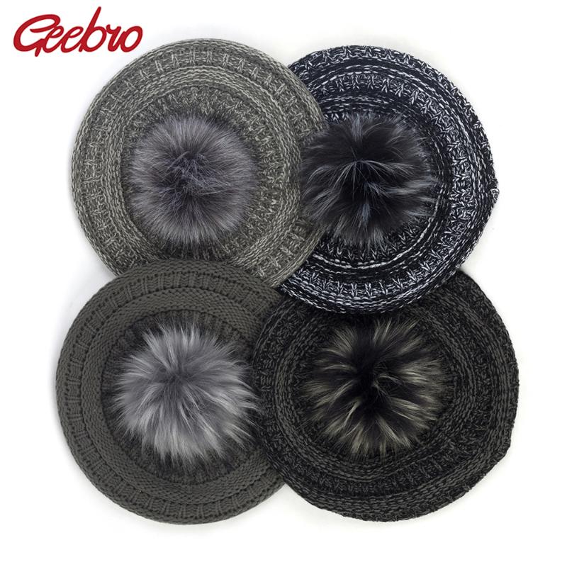 

Geebro Female Color Mixing Thicken Retro Artist Beret With Faux Fur Pom Pom Women Winter Warm Hairball Hats Bonnet Caps BL008, Black red9