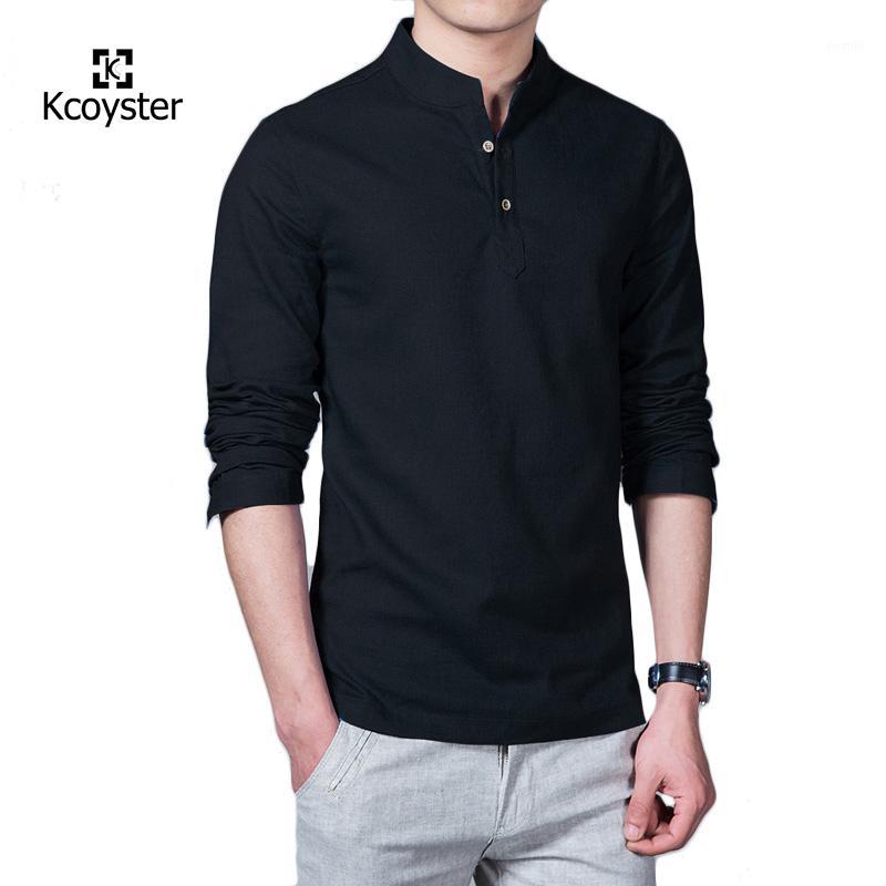 

Men's Casual Shirts Wholesale- 2021 Spring Linen Men Long Sleeve Grandad Chinese Shirt Pullover Banded Collar Social Clothes 5XL1, Black