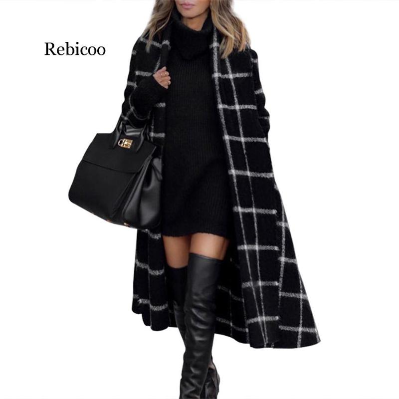 

Women' Wool & Blends 2021 Blend Contrast Color Plaid Long Woolen Jacket Coat Ladies Fall Winter Contour Gingham Checkered Outerwear, Black