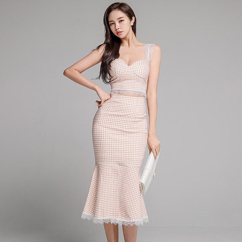 

Plaid 2 piece Set suit for women Summer Sleeveless Sling V neck tops and midi Skirt cotton ladies Sexy Long suit, Grid color