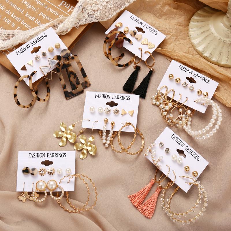 

New Gold Sequin Metal Pearl Butterfly Geometric Drop Earring Set for Women Irregular Round Crystal Dangle Earrings Jewelry