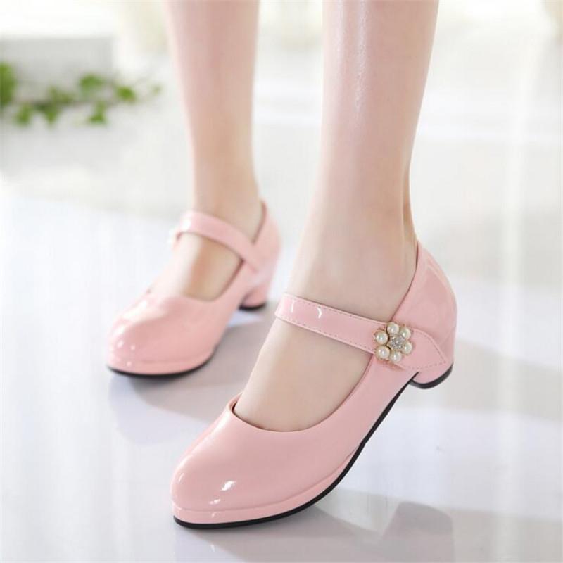 

Children Elegant Princess Sandals Kids Girls Wedding PU Leather Shoes High Heels Dress Party Beaded Shoes For Girls Pink White