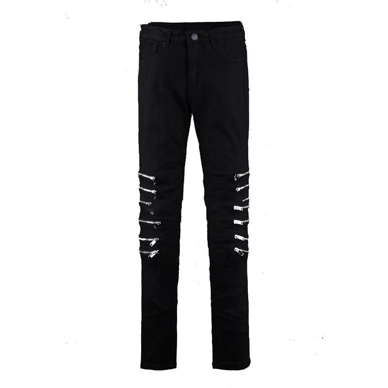 

Tight men's trousers fashion personality trend Korean version of the self-cultivation feet stretch knee zip large size hip hop, Black