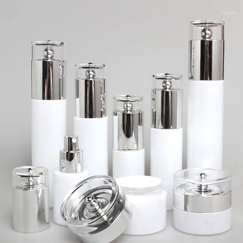 

Pearl White Bottle Lotion Pump,Glass 20ml Spray Pump Bottle with Silver Cap1
