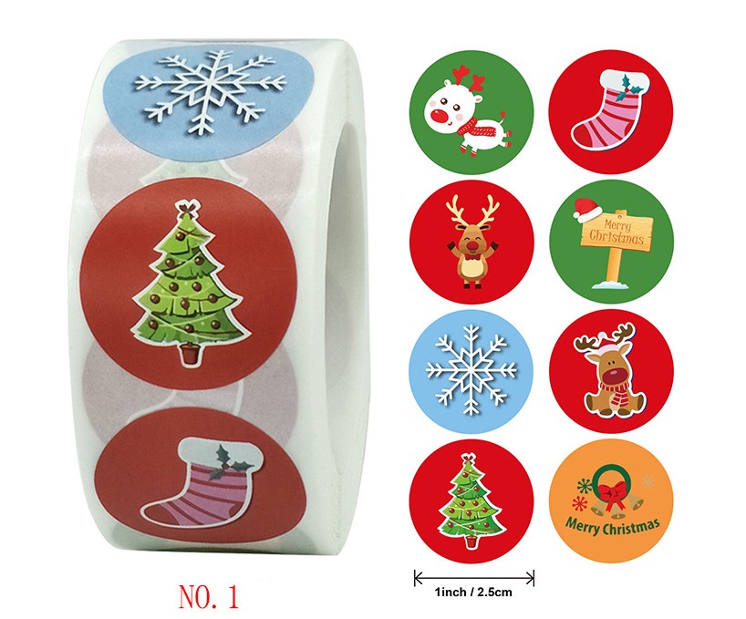 

25mm Christmas Seal envelope Merry Christmas sticker label Xmas Tree Elk Snowflake Bell Sock Pattern Gift Wrap 500pcs in 1 roll