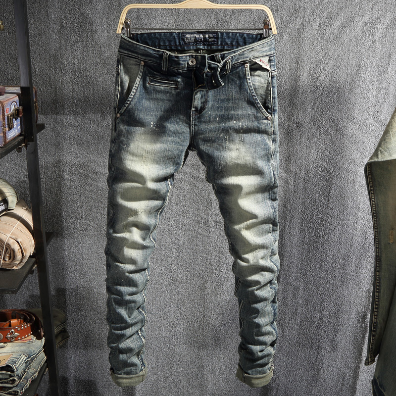 

2021 New Italian Style Fashion Men Retro Slim Fit Elastic Vintage Painted Designer Denim Cotton Pants Streetwear Hip Hop Trousers Hiw0, Retro blue