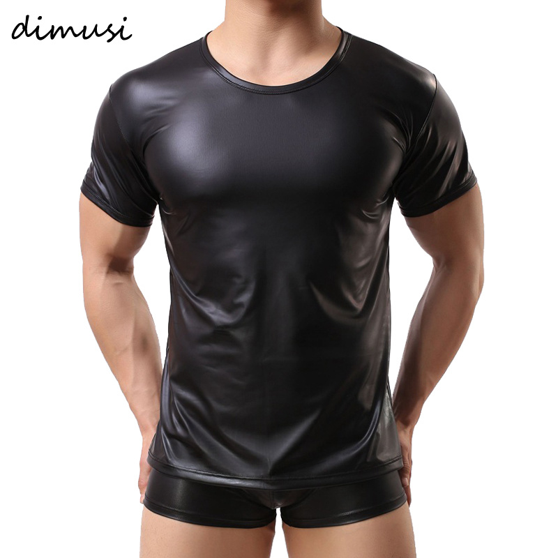 

PU Leather T Shirts Men Sexy Fitness Tops Gay T-shirt Tees Mens stage T-shirt O-Neck Sexy Men Casual Clothes, Black